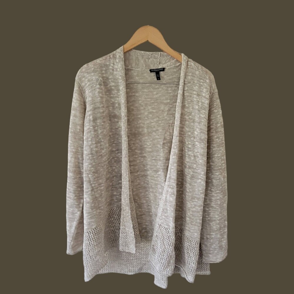 EILEEN FISHER Cardigan Sweater Melange Neutral Organic Cotton Linen Lightweight